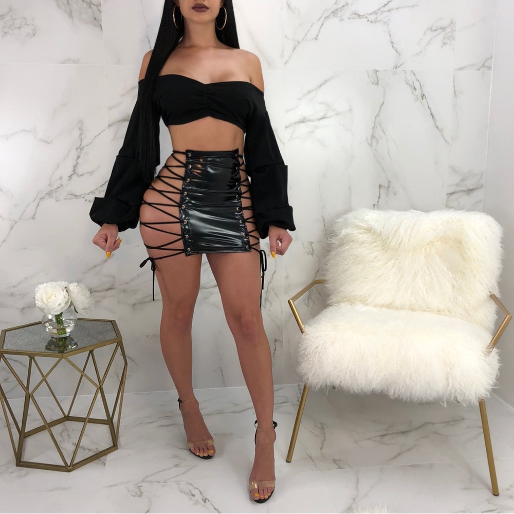 Black Lace-Up Mini Patent Skirt Set